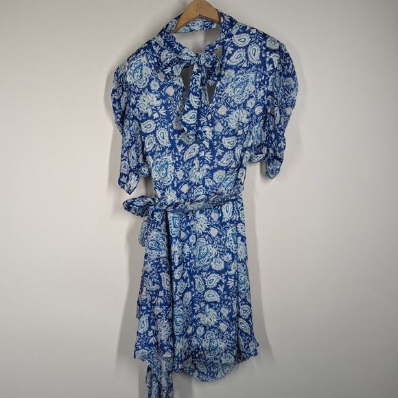 Hemant and Nandita Suho V-Neck Mini Dress Size Small Blue Paisley Preowned - Picture 5 of 12